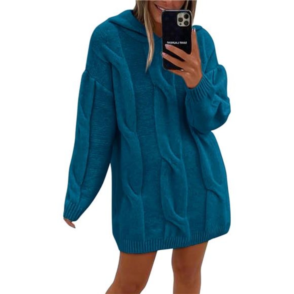 Women's Oversized Knit Hooded Pullover Denim Blue